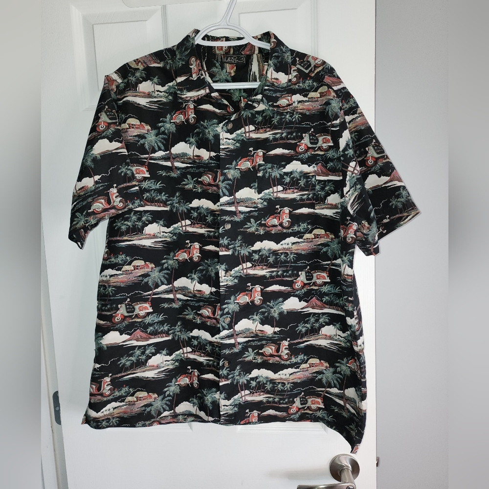 Hawaiian Button Shirt Palm Trees Scooter Pattern